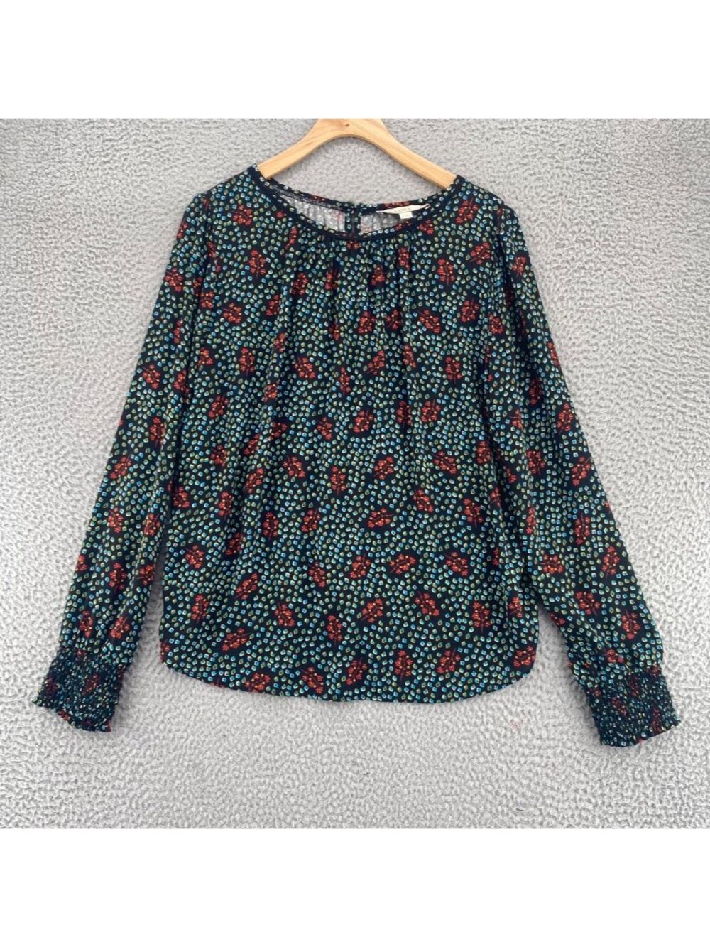 LOFT Top Womens Medium Black Multi Floral Smocked Long Balloon Sleeves Blouse